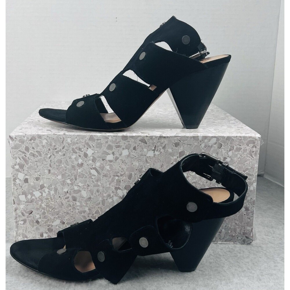 Audrey Brooke Katy Womens 8.5 Black Suede Cutout Strappy Block Heel Sandals - Picture 5 of 12